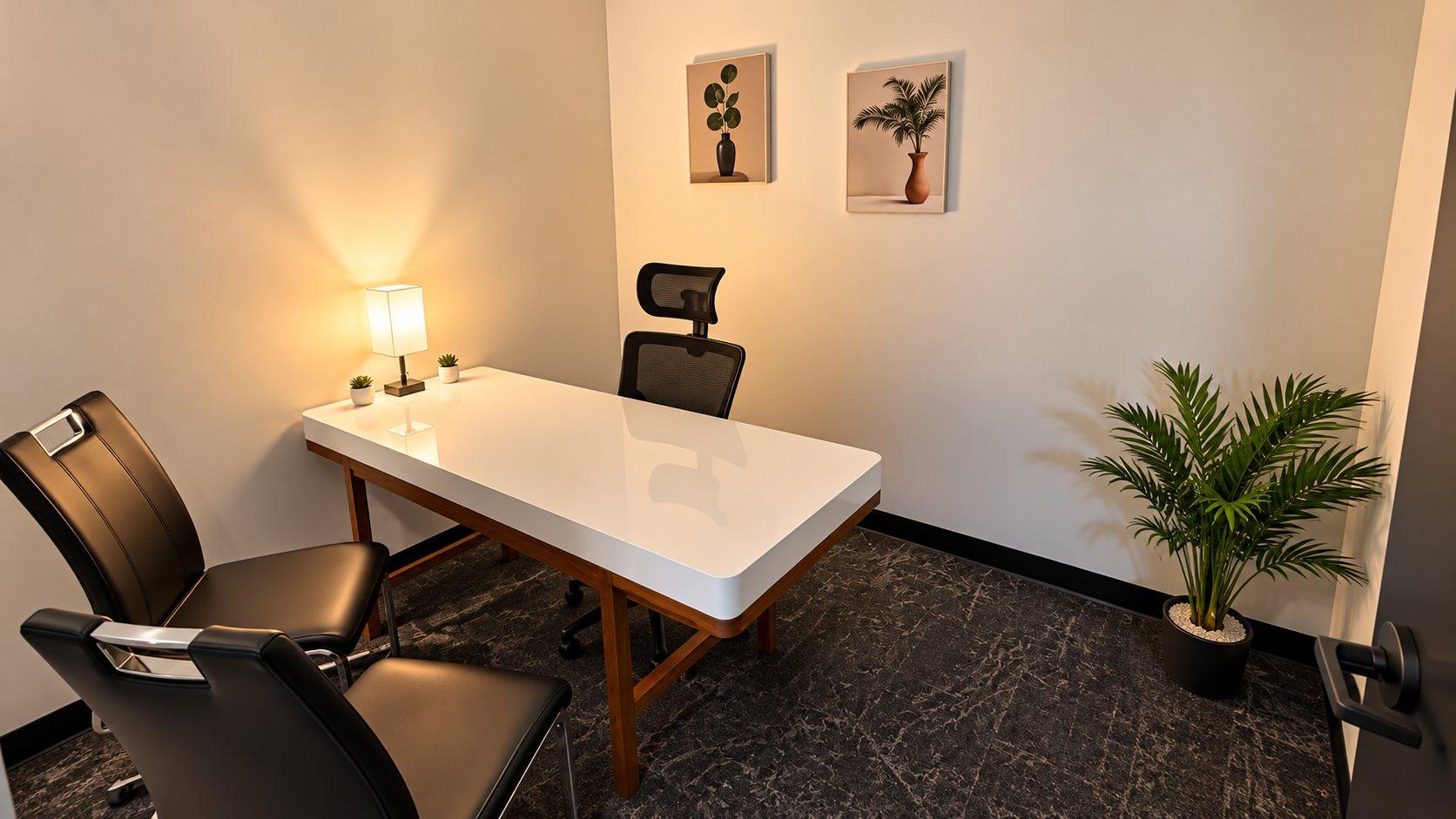 Enclosed private office with a white desk, an office chair, two guest chairs, a lamp and a plant