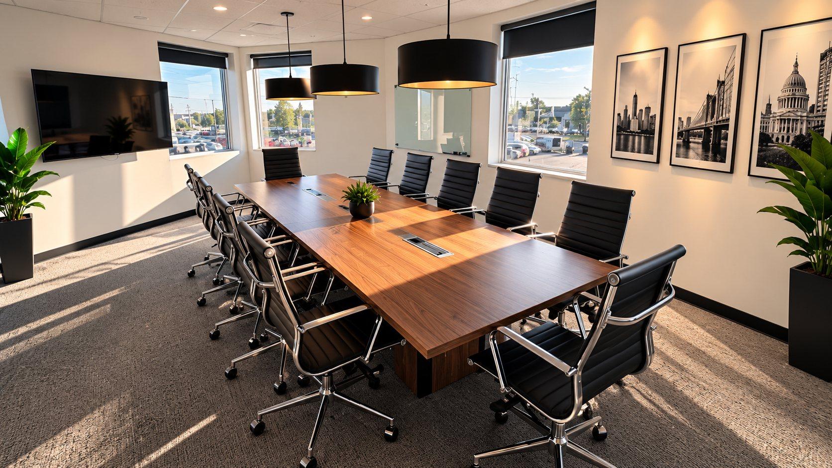 Conference room with a large wooden table for 12 people, wall screen and windows