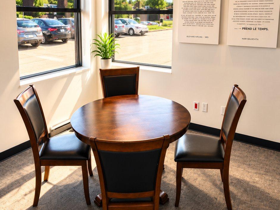 Connexion 4 room with a round wooden table, four chairs and large windows