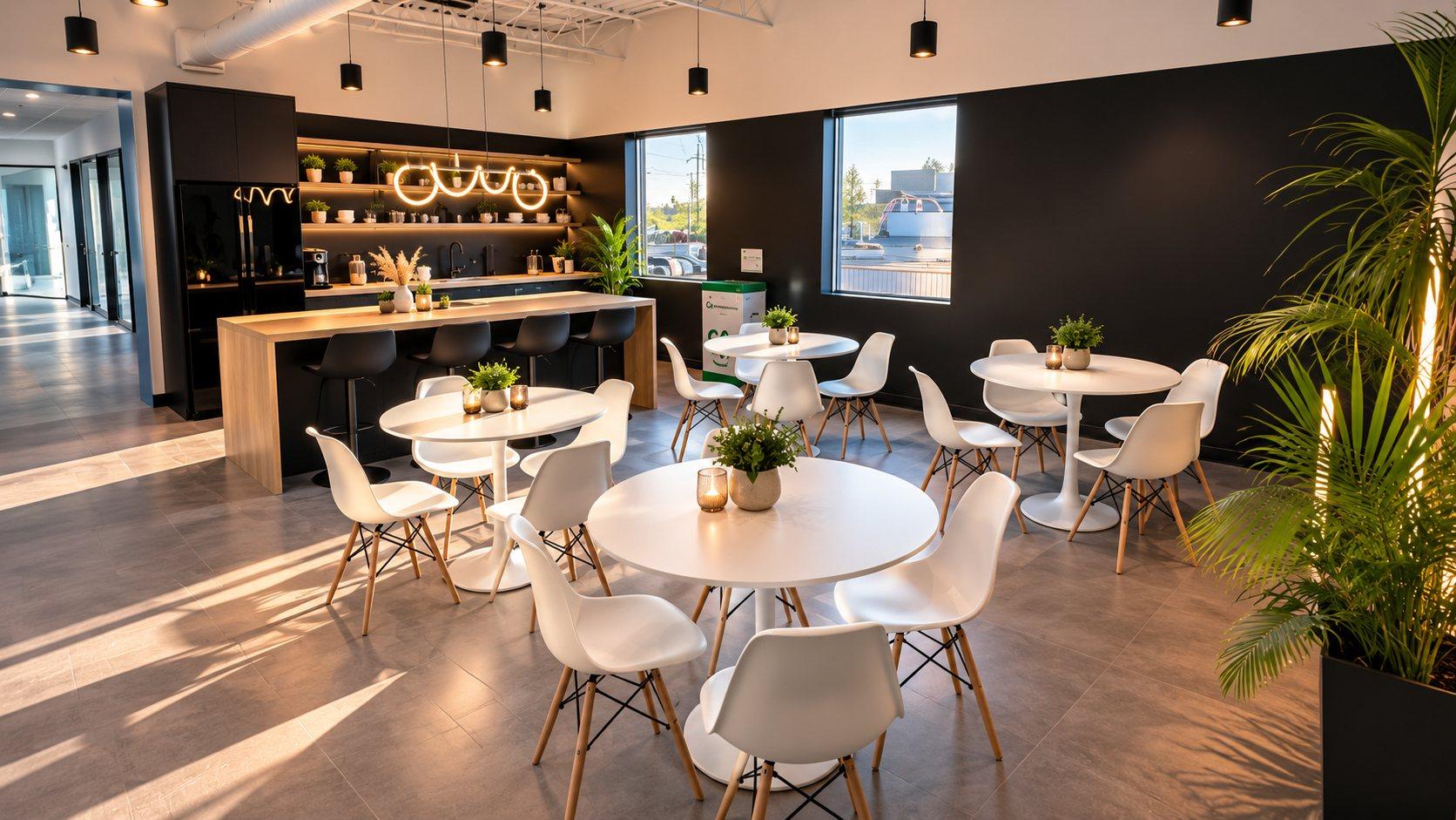 Le Hub 288's bistro kitchen with a kitchen island, stools and round tables