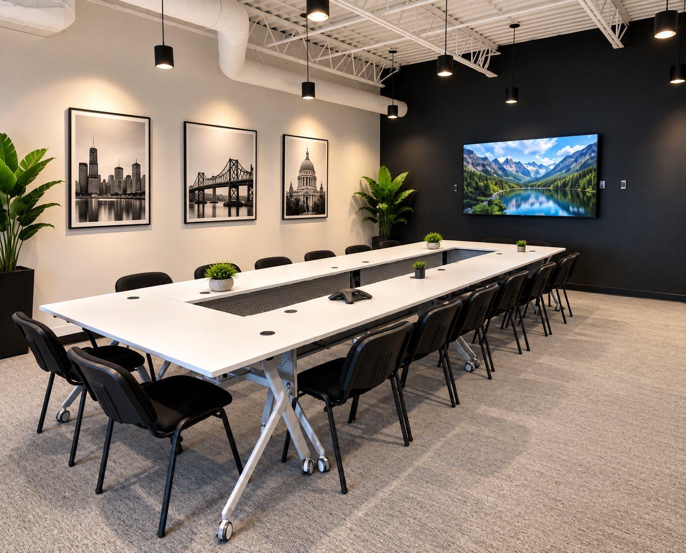 Training room with tables arranged in a rectangle and a large screen