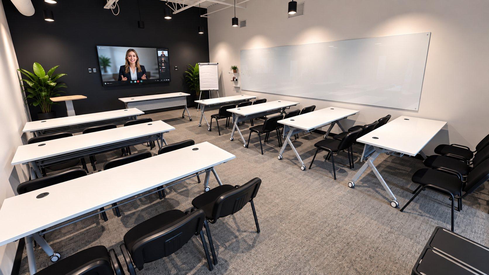 Training room in classroom style, with training tables, a whiteboard and a large screen