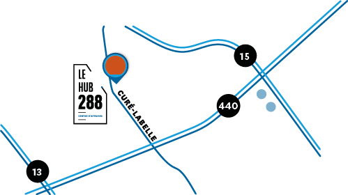 Carte situant le Hub 288 à Fabreville, Laval, entre les autoroutes 13 et 15